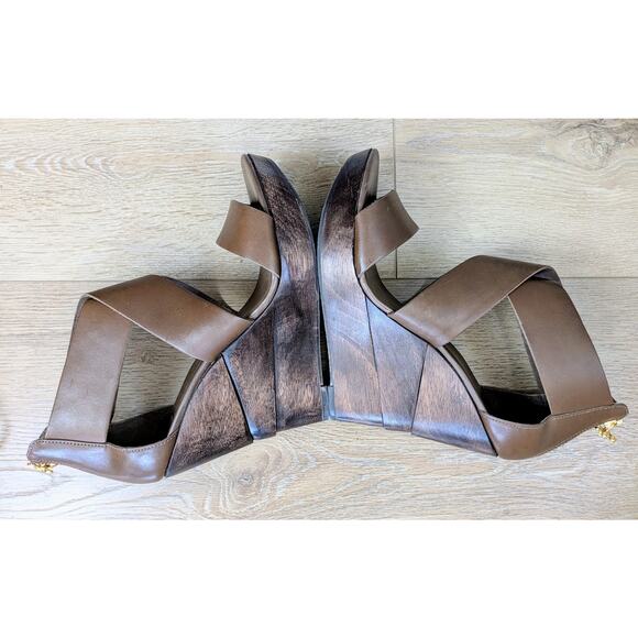 NEW Diane Von Furstenberg Opal Wedge Sandal 9.5 Strappy Vacchetta Leather Wood - Picture 5 of 12